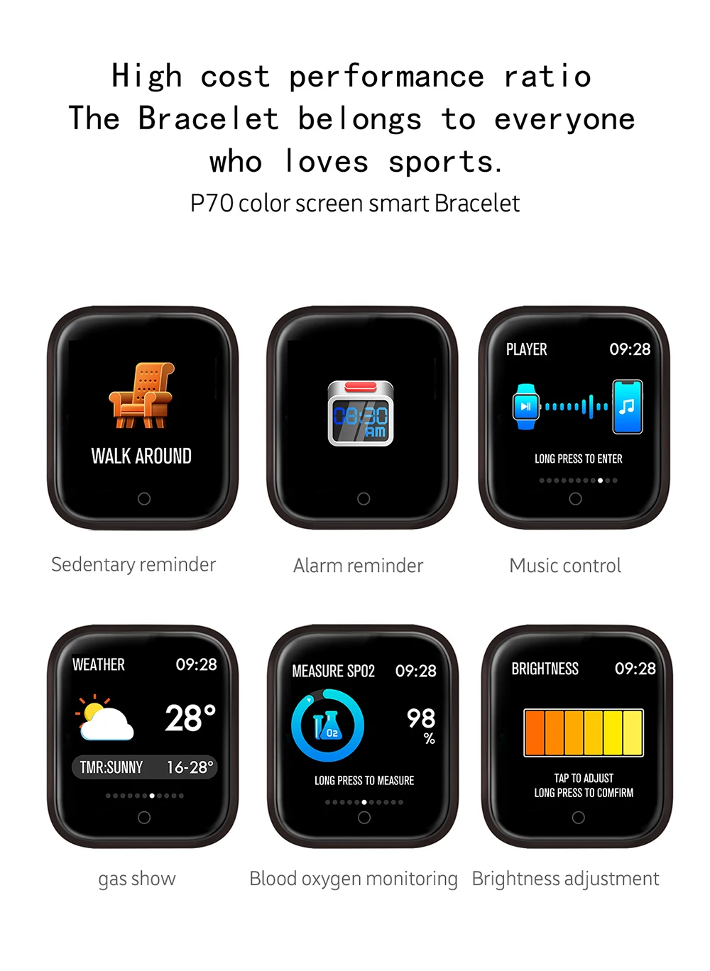 Fashion Waterproof Smart Watch P70 Bluetooth 4.0 Smartwatch For Apple IPhone xiaomi LG Heart Rate Monitor Fitness Tracker