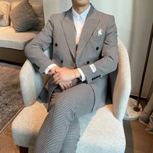 Houndstooth 2 Pcs Men Suits Set Wedding Double Breasted Business Casual Fit Slim Costumes Hommes Formal Tailored Blazer Pant (3)