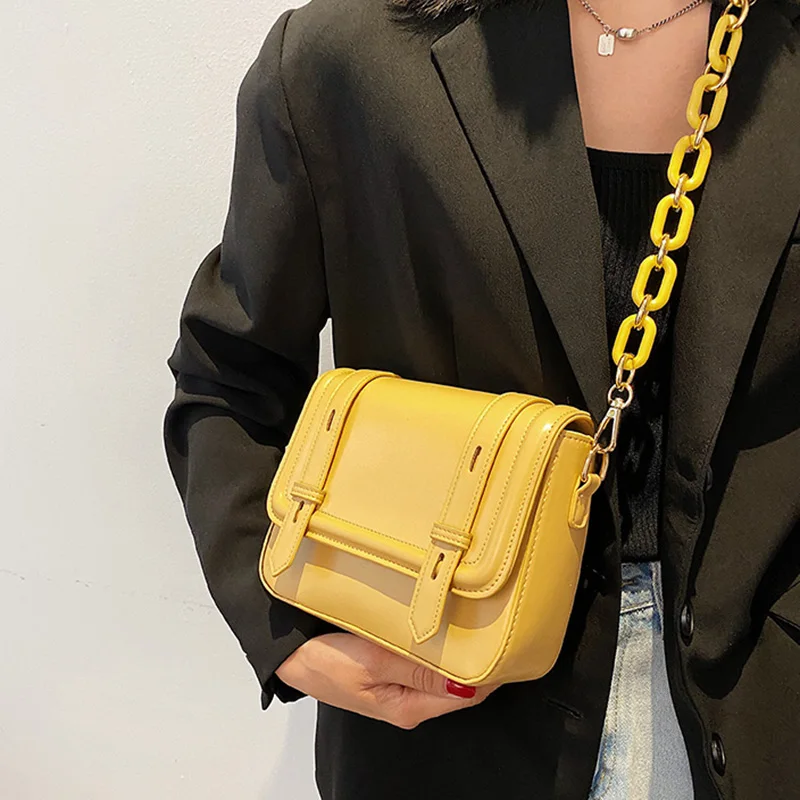 

Elegant Women PU Leather Crossbody Bags Green Yellow White Shoulder Bags 2022 Luxury Brand Chain Handbags Square Party Flap Bags