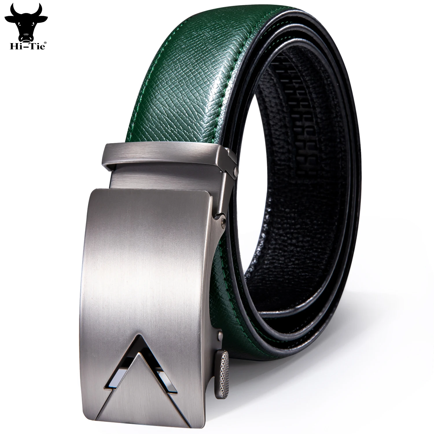 Hi-Tie Designer Silver Automatic Buckles Mens Suit Belts Green Genuine Leather Ratchet Luxury Waistband Belt for Men Dress Jeans