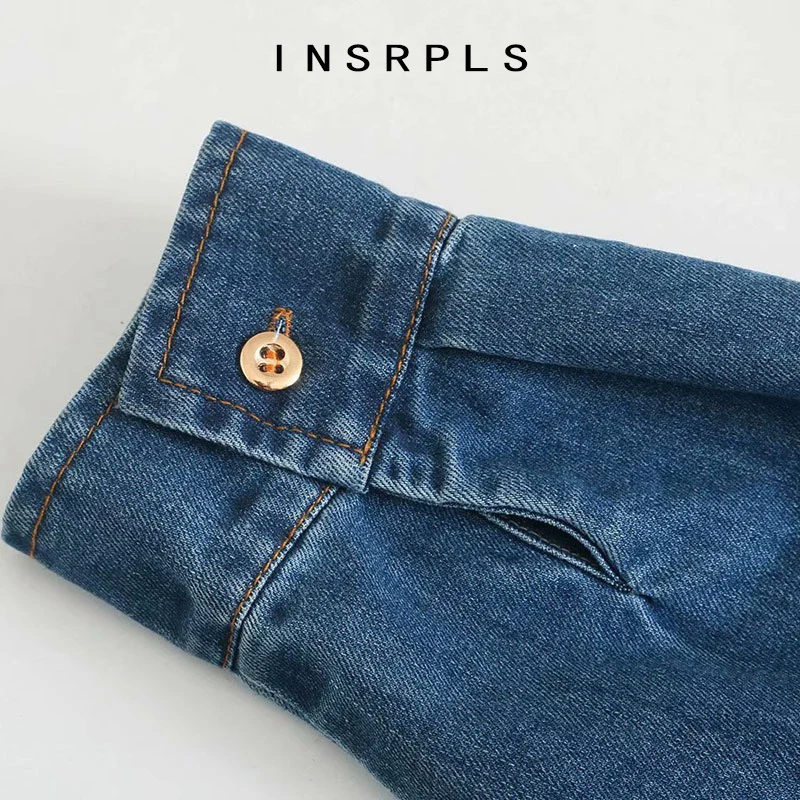 

INSRPLS Women Fashion With Rivet Pockets Loose Denim Jacket Coat Vintage Long Sleeve Button-up Female Outerwear Chic Tops