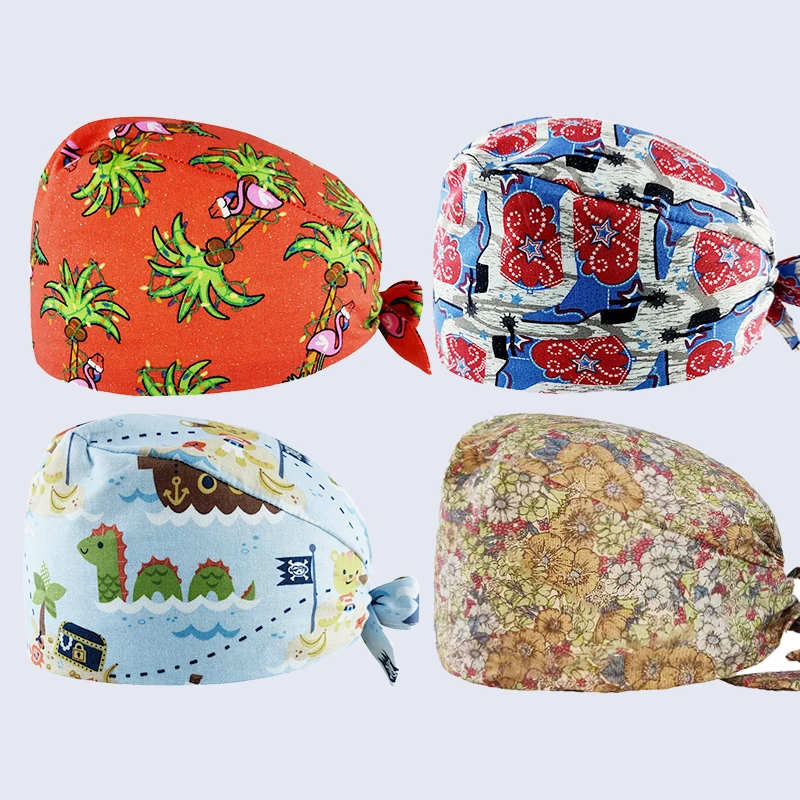 

Горячая регулируемый скрабы для женщин унисекс из хлопка с принтом на каждый день шляпа Салон красоты Рабочая шапки шапочка медсестры Элас...