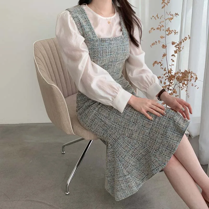 

One Piece Dress 2020 New Autumn Sleeveless Vintage Woolen Dresses Female Winter Korean Knitted High Waist Pullover Midi Dress