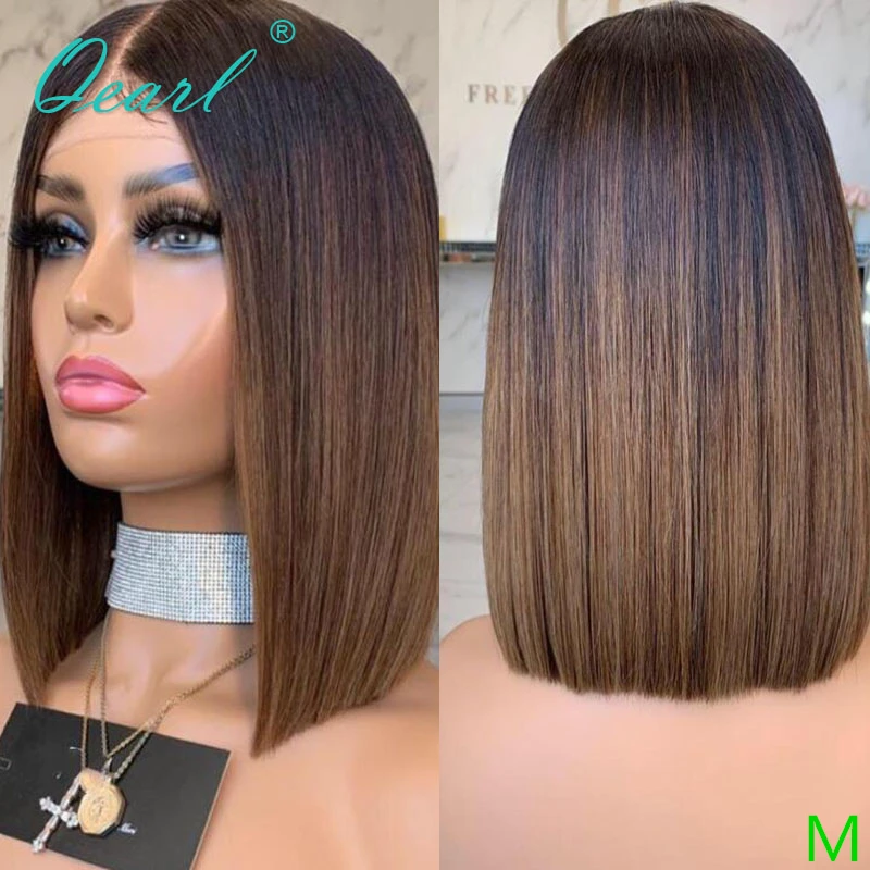 

Women Human Hair Lace Front Wig Ombre 1b/brown Short Bob Straight Frontal Wigs Peruvian Remy Hair Preplucked 150% 13x4 Qearl