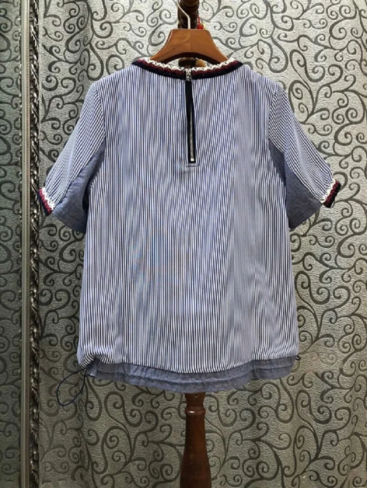 

2020 Summer Fashion Tops High Quality Women O-Neck Striped Print Denim Patchwork Short Sleeve Casual Loose Blouses Tops Female
