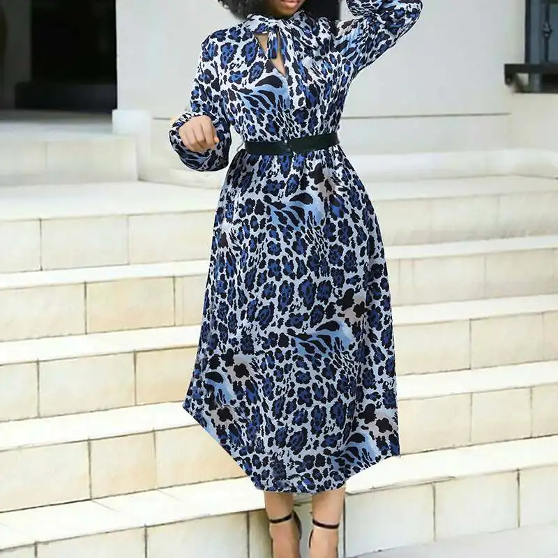 

2021 Fashion Leopard Print Dress ZANZEA Women Bow Tied Party Maxi Dress Vestidos Spring Autumn Oversized Casual Long Sleeve Robe