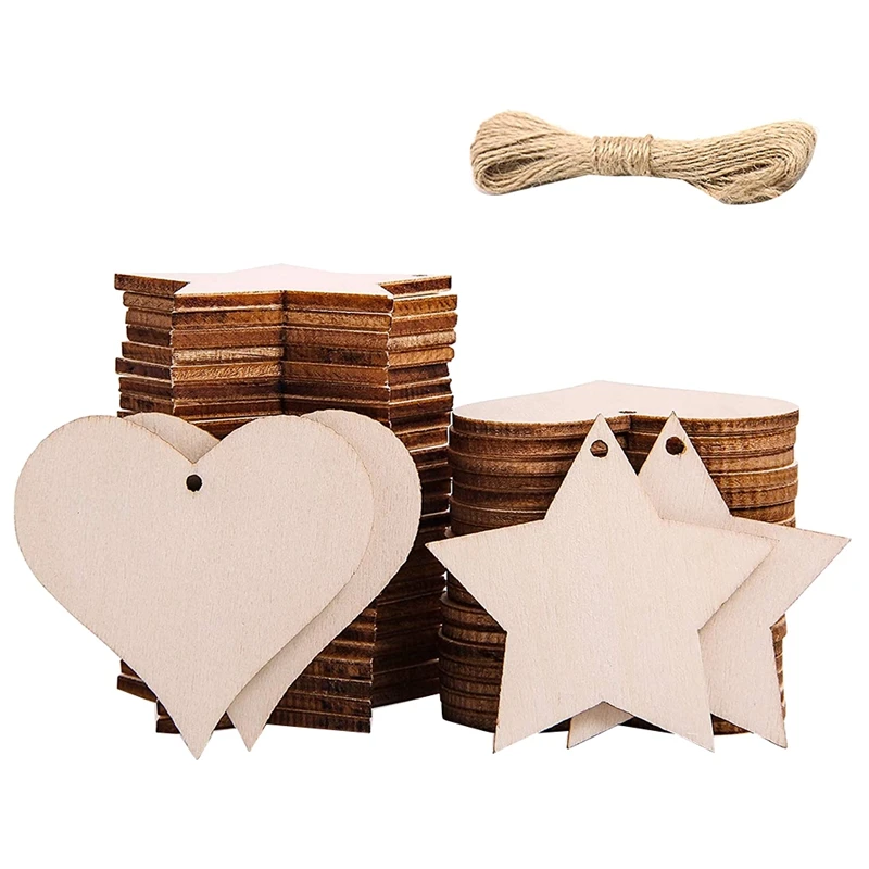

100Pcs 2 Inch Wooden Hearts & Stars Shape Slices Blank Tags With Hole Unfinished Wood Cutout Labels DIY Art Craft