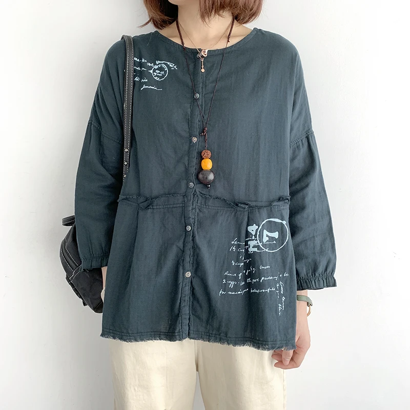 Женский Хлопок Лен узор Блузка 2019 Осень три четверти рукав O шеи большой размер