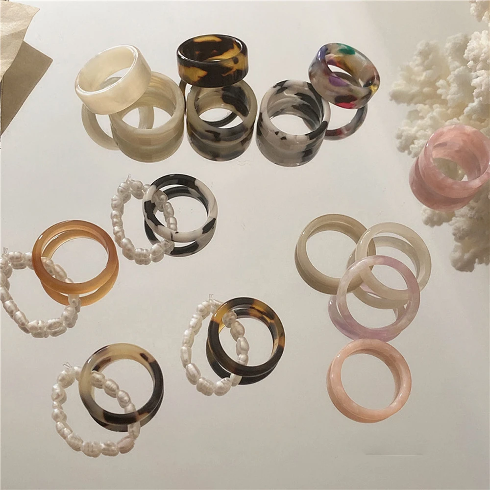 2/3Pcs Leopard Vintage Colorful Acetate Resin Pearl Rings Sweet Temperament Round Finger Rings Women Girls Delicate Jewelry Gift