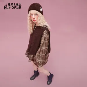 ELFSACK клетчатая шикарная на пуговицах Повседневный пуловер вязаный свитер женский, 2020 осенние винтажные корейские женские повседневные Мягкие элегантные топы