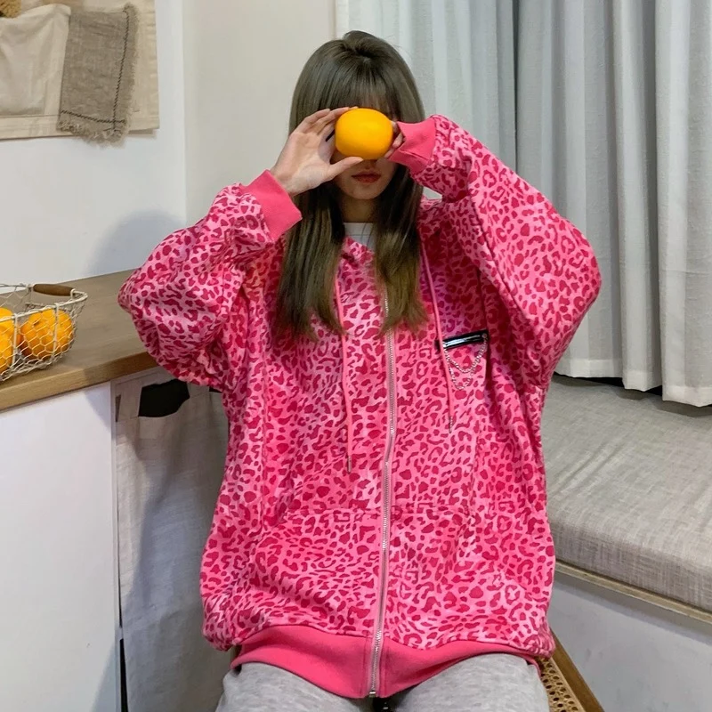 

Pink Zip Hoodie Y2k Harajuku Streetwear Leopard Print Ladies Hip Hop Fashion Zipper Loose Casual Long Sleeve Top Women Ulzzang