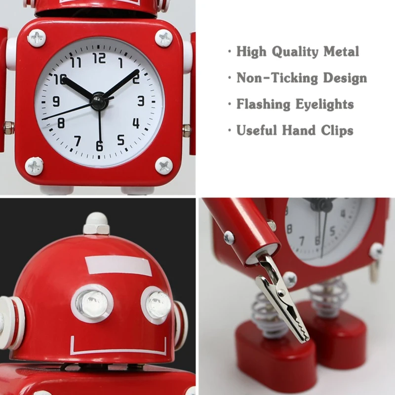 Не тикающий робот будильник детский с мигающими светящимися глазами и зажимом