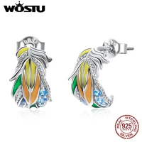 wostu 925 sterling silver colorful feather stud earrings rainbow enamel earrings for women fashion silver jewelry cqe1128