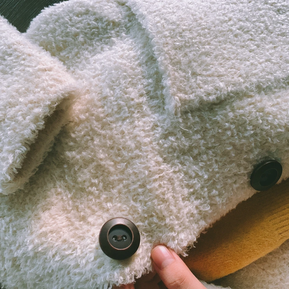 

ZHISILAO Woolen Jacket Women Vintage Solid Winter Warm Thick Single Breasted Coats Femme Fur White Long Sleeve Jacket 2020