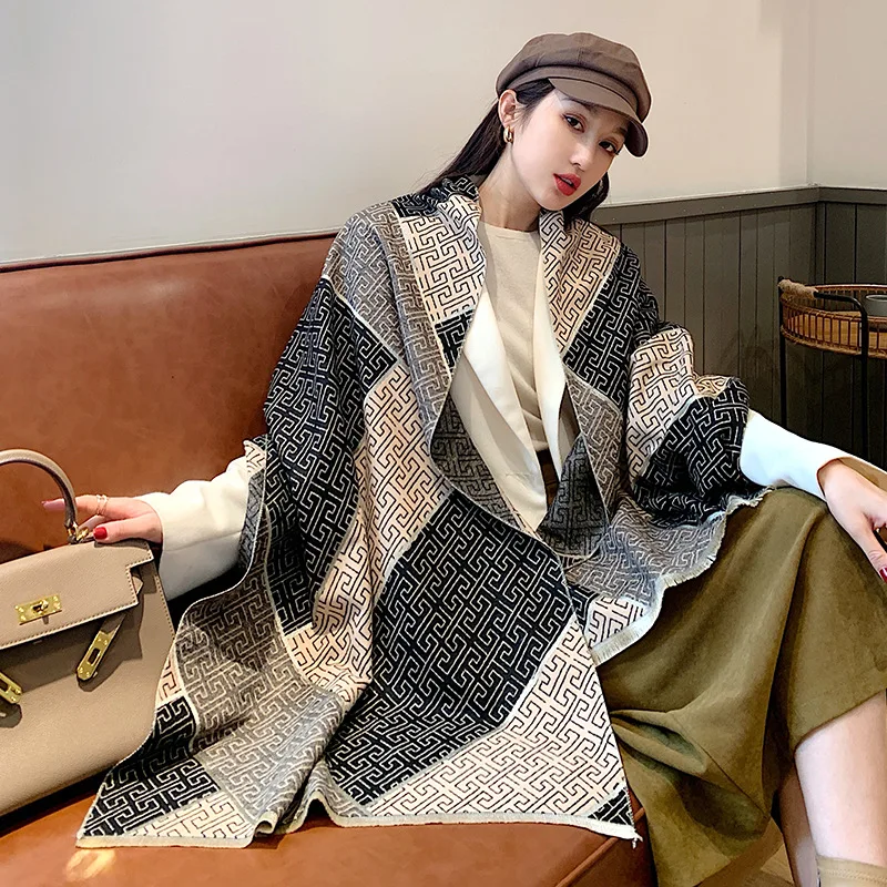 

2021 Luxury Cashmere Winter Scarf For Women Thick Warm Pashmina Shawl Lady Wrap Bufanda Geometric Print Letter Scarves