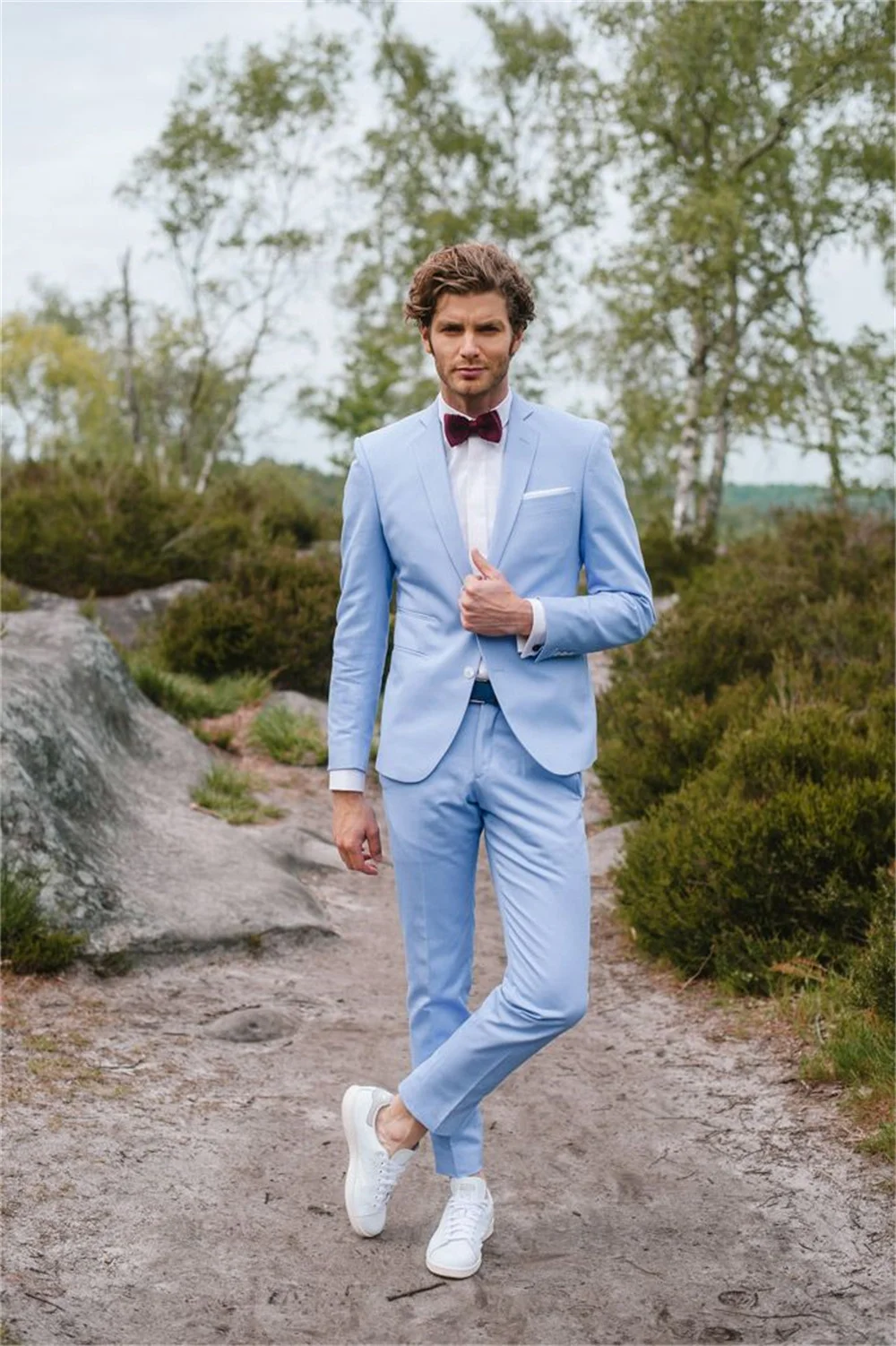 

Повседневные модные роскошные деловые бриджи, мужские смокинги, облегающие мужские костюмы небесно-голубого цвета (пиджак + брюки)