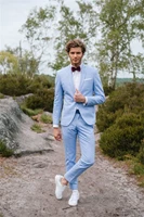 casual fashion luxurious business men suits for wedding suits man tuxedos slim fit peak lapel sky blue men suitsjacketpants