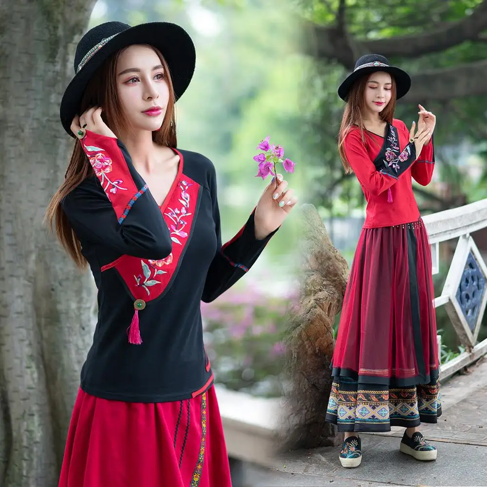 Футболка женская этническая с длинным рукавом и v образным вырезом|Футболки| |