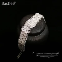 bastiee flower 999 sterling silver big bracelets for women handmade luxury jewelry charm bracelet femme ethnic hand chain gifts