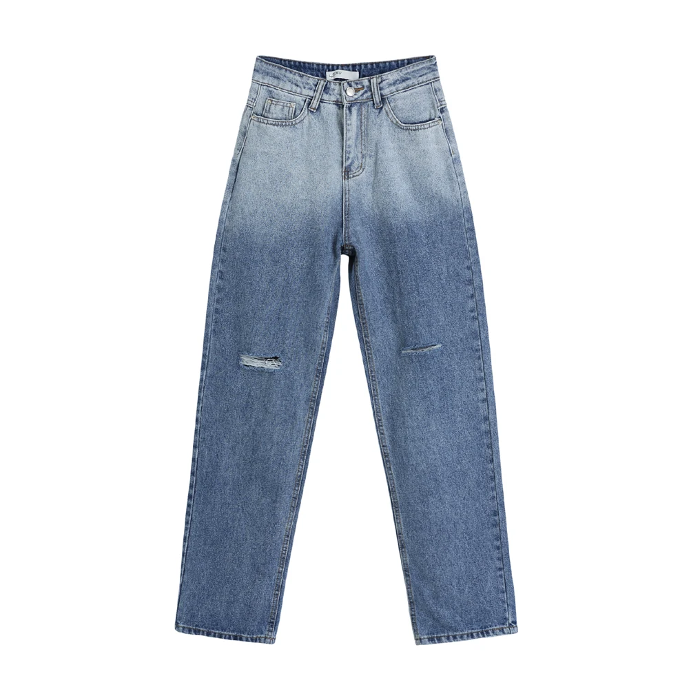 

Real shot 2020 autumn and winter new gradient blue ripped jeans women loose drape old daddy high waist and thin wide-leg pants