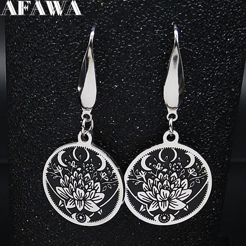 Boucles d'oreilles en forme de lune et de Lotus pour femmes  en acier inoxydable  en émail noir