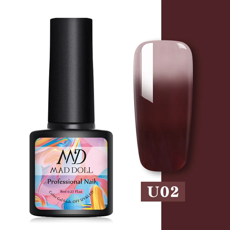 U02 MAD DOLL 1 бутылка 8 мл меняющий цвет УФ Гель-лак блестки термальный гель для ногтей отмачиваемый Гель-лак для нейл-арта лак 14 цветов - Цвет: U02