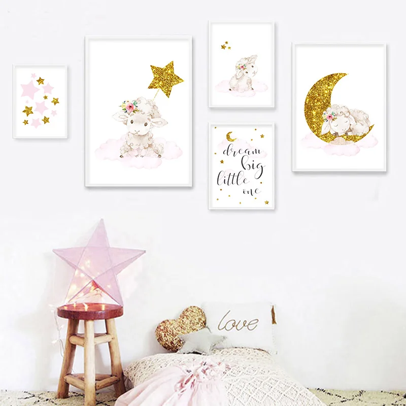 

Animal Sheep Lamp Wall Poster Nursery Quotes Art Print Moon Stars Painting Nordic Kids Decoration Picture Baby Child Room Decor