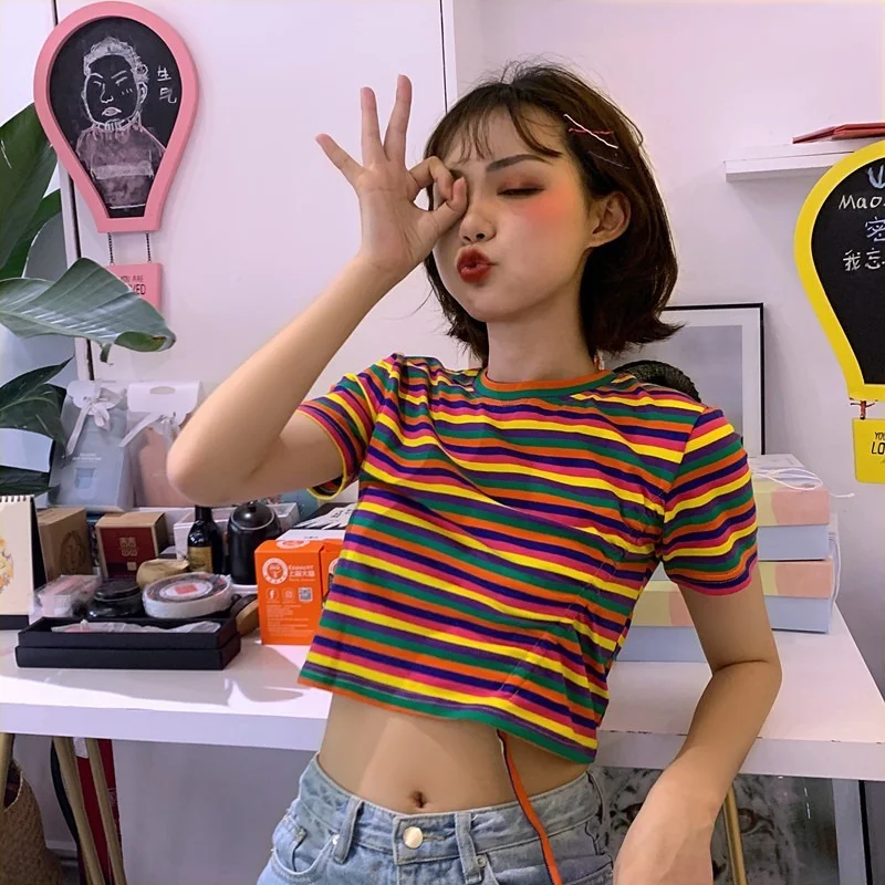 

MINGLIUSILI Aesthetic Tee Shirt 2021 Fashion Kpop Drawstring Crop Top Women Summer Rainbow Striped T Shirt Women