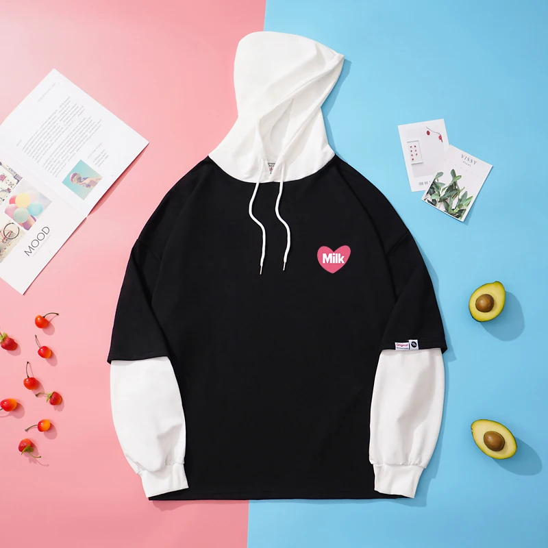 

Fake Two Pieces Hoodies Sweatshirts Women Autumn Spring New Harajuku Kawaii Funny Milk Print Tops Loose Casual Stitching Clothes