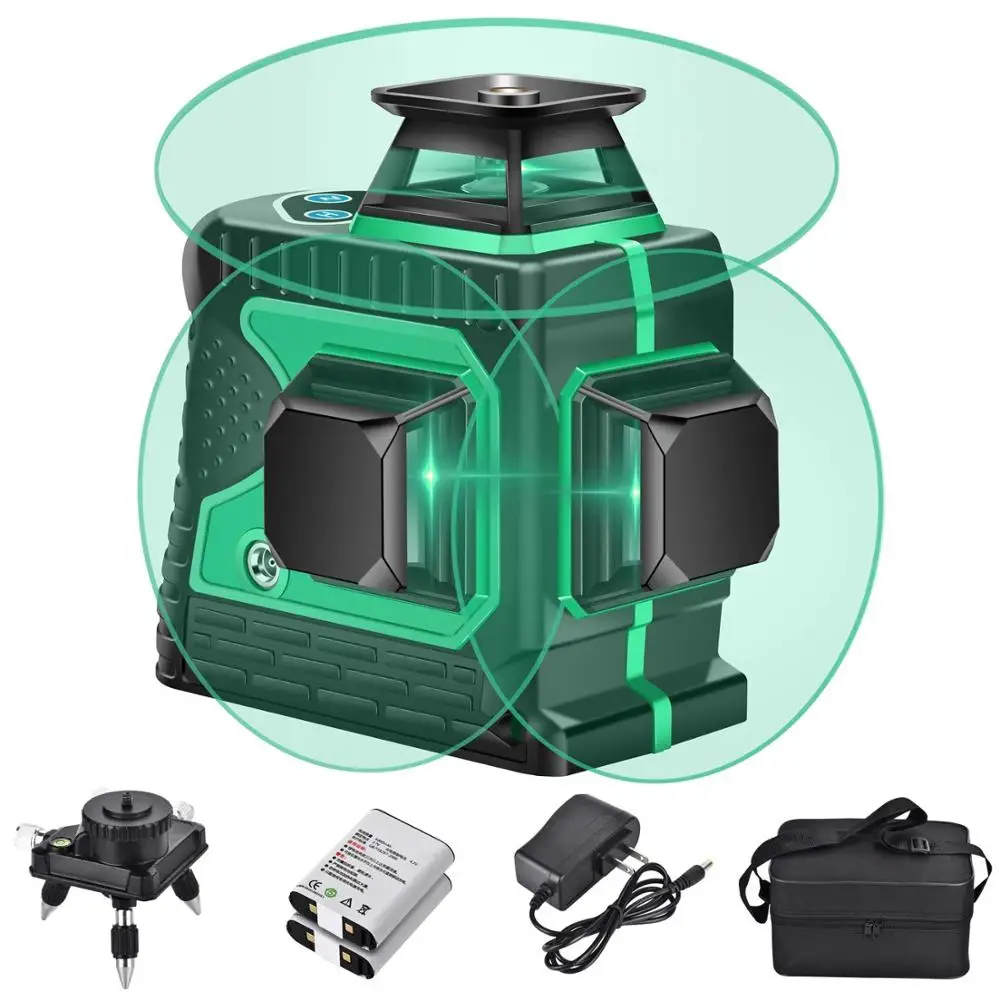 Мощный лазерный 3D уровень самонивелирующийся зеленый 12 линий горизонтали и