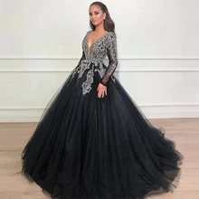 Lorie Dubai Arabic Black Ball Gown Evening Dresses V Neck Long Sleeves Sequined Beads Lace Applique Prom Quinceanera Dresses (2)