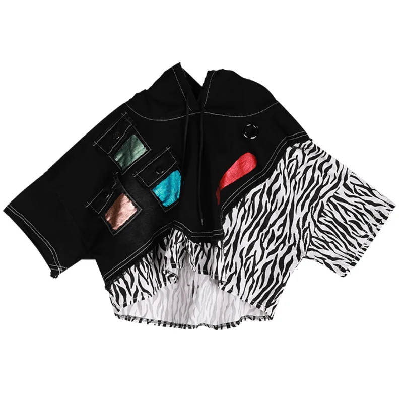 

Vefadisa Fashion Summer Patchwork Women T-shirt 2021 Stitching Color Hooded T-shirt Asymmetrical Short Sleeve T-shirt QYF5837