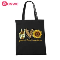 peace love sunshine black print women shopping canvas bag female tote eco 90s style shopper shoulder girl bagsdrop ship