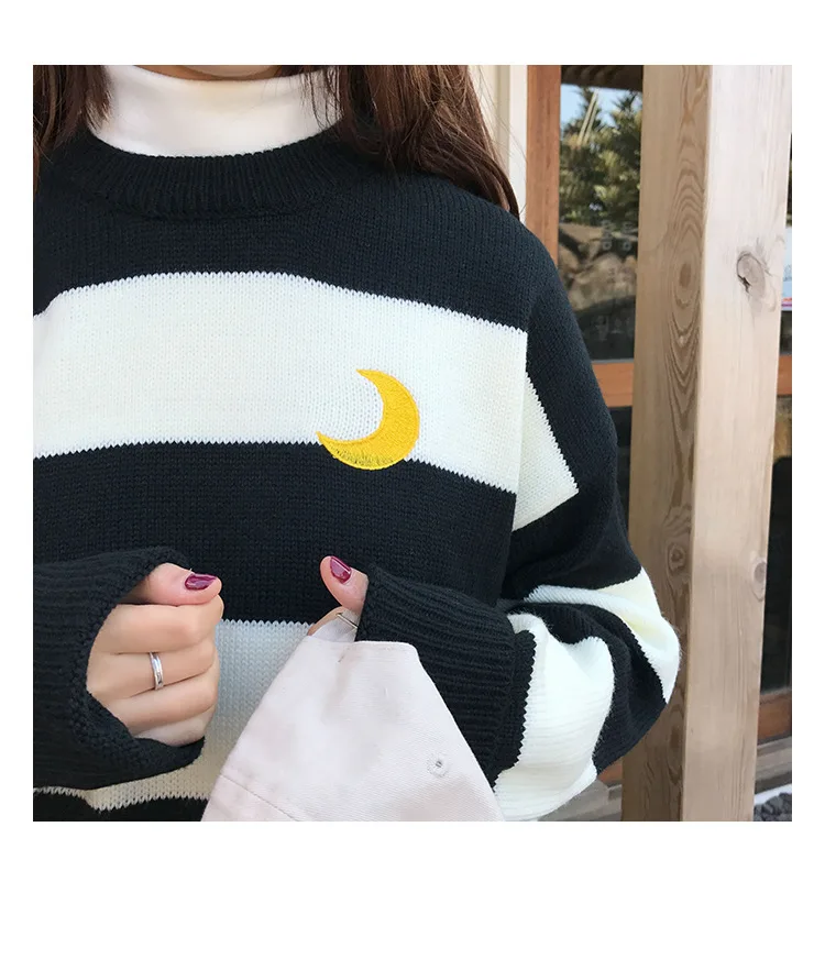 Женские свитера Kawaii Ulzzang в студенческом стиле, популярная цветная полоска, свитер с Луной, Женская Корейская одежда Harajuku, плотная повседневная одежда