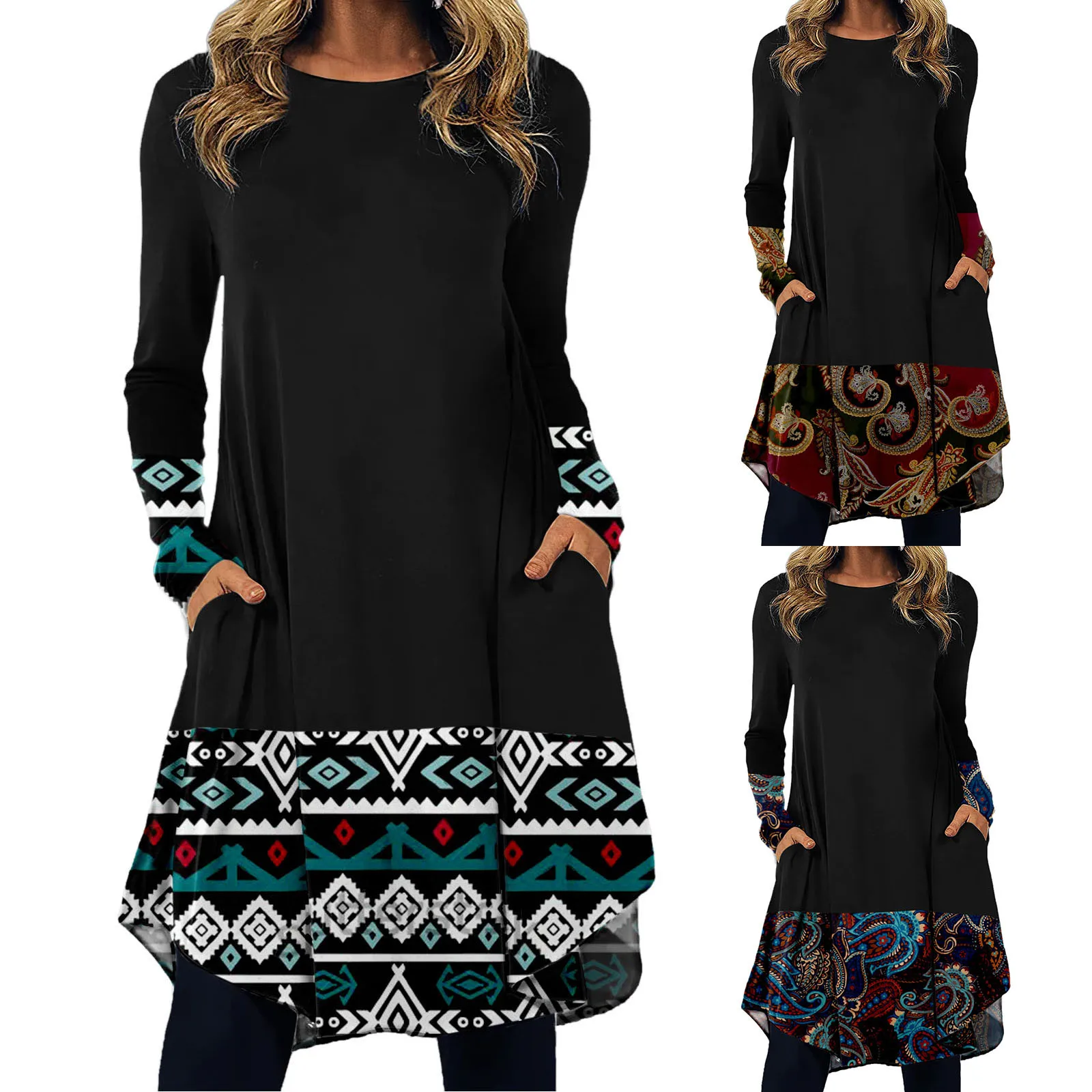 

Vintage Print Loose Dresses Women Ethnic style Bohemian casual Dress With Pockets Elegant Female Oversized Holiday Mini Sundress