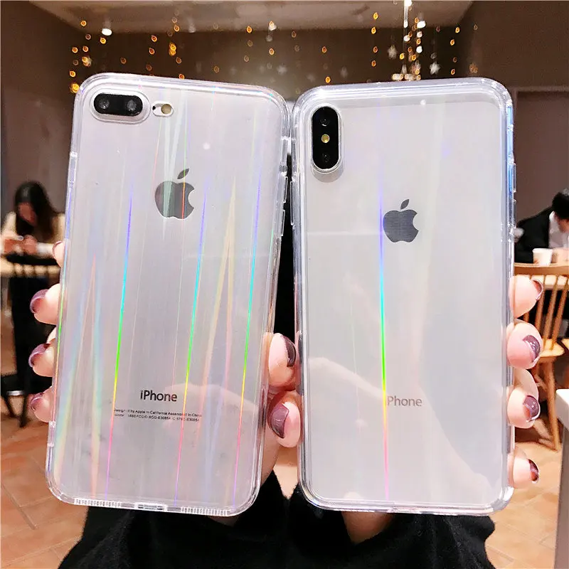 Чехлы с голограммой радуги и лазером для iPhone X XS Max XR прозрачные мягкие чехлы 11 6S 7 8