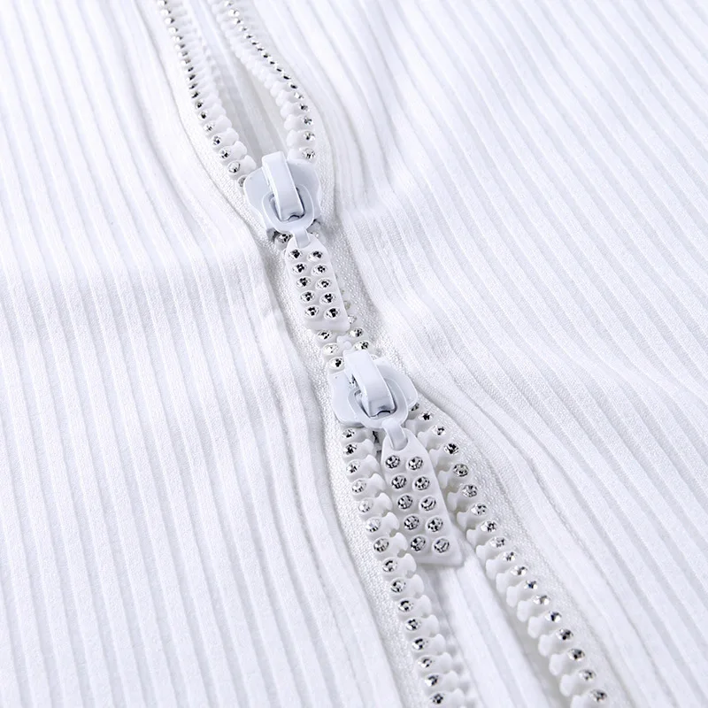 

2021 Double Zipper White Women T-Shirts Tops Knit Deep V-Neck Slim Black Streetwear Lady Shirt Solid Color Lady Chic Crop Top