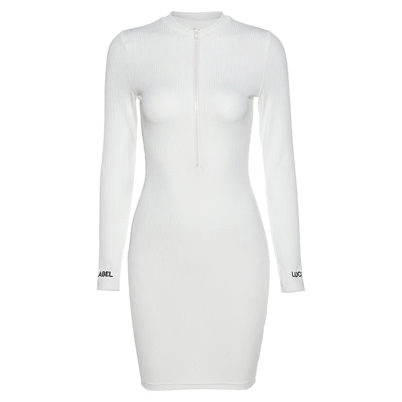 

Zipper V-Neck Bodycon Dresses Sexy Long Sleeve Black Skinny Elastic Autumn Spring New Solid Fashion Women Party Dress
