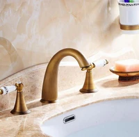 vintage retro antique brass deck mounted dual handles widespread bathroom 3 holes basin faucet mixer water taps man029