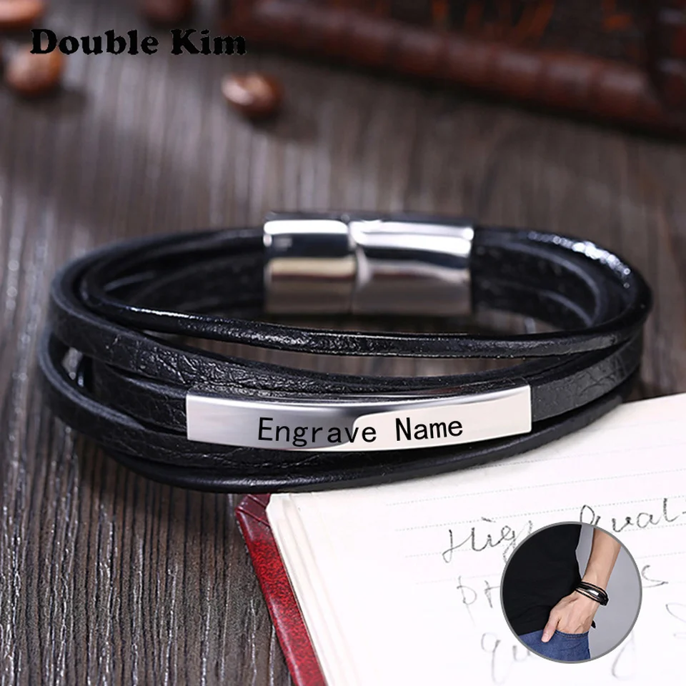 

Customized Men's Engrave Bangle Leather Weave Bracelet Stainless Steel Material DIY Engrave Name Date Fashion Jewelry Gift