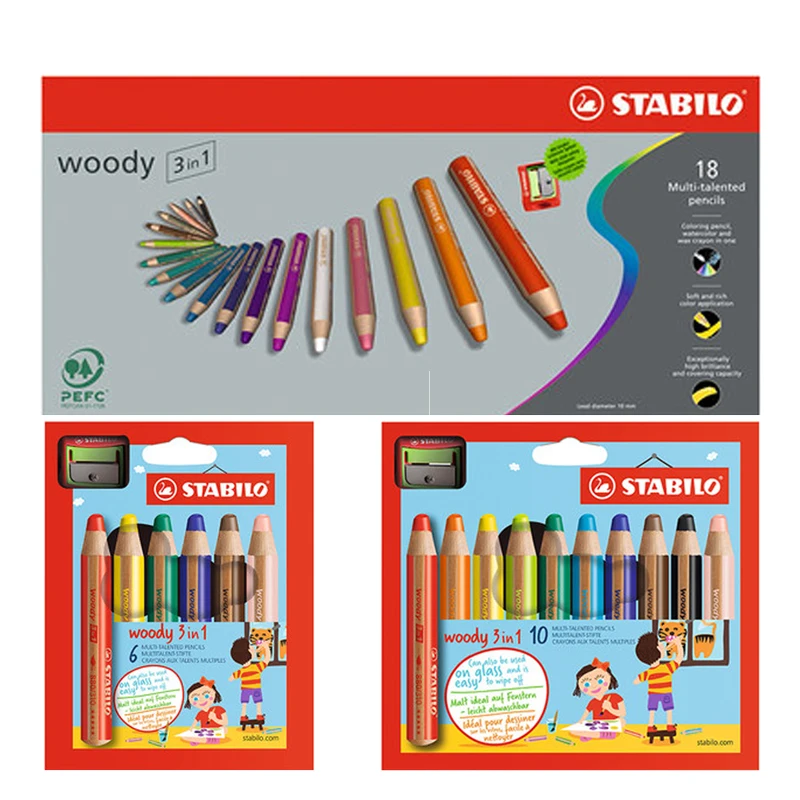 

Stabilo 880 Woody 3 in 1 Multipurpose Pencils Water Color Pencils / Crayon/ Brushes Assorted Color 6/10/18 Colors