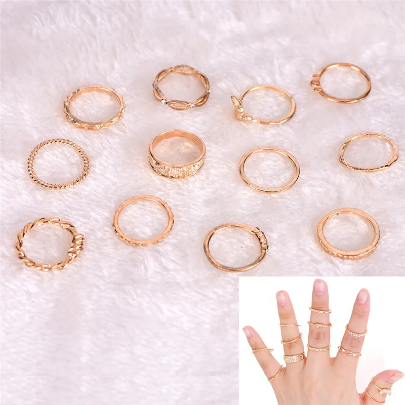 12 шт./компл. Ретро винтажный комплект колец на фалангу золотого и серебряного