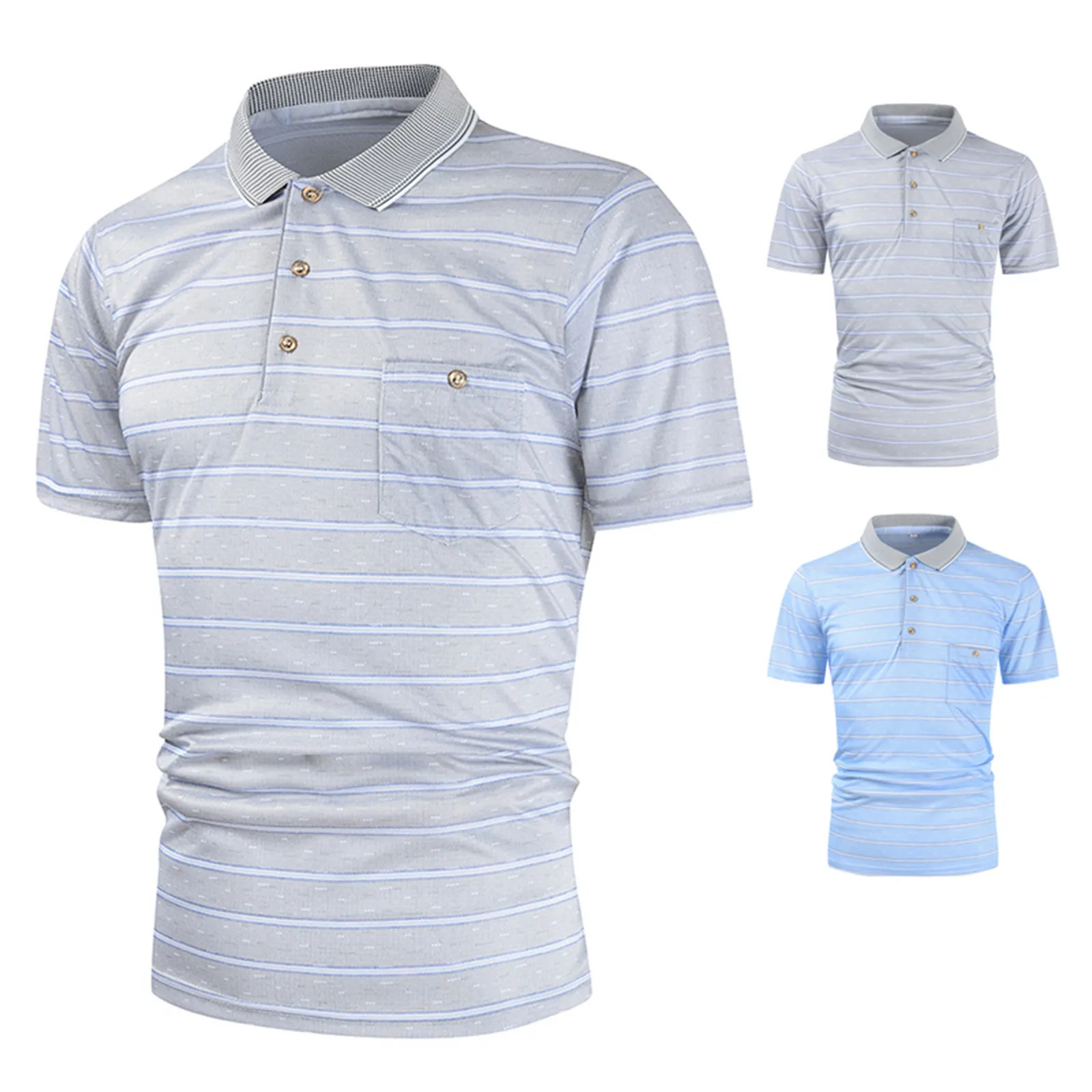 

56# Men's Casual Button Turn-down Collar Blouse Stripe Print Pocket Polos Shirt High Quality Mandarin Collar Men Slim Polo Homme