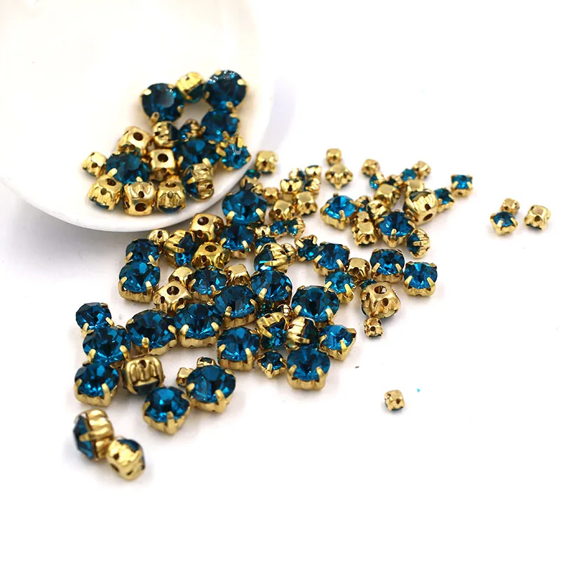 100pcs/bag Mixed size glass strass crystal Clothing loose beads gold base sewing Peacock blue rhinestones diy Wedding decoration