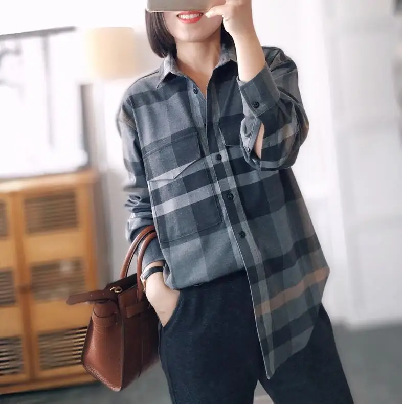 

Women Shirt Early Spring 2020 Flannel Plaid Long Shirt