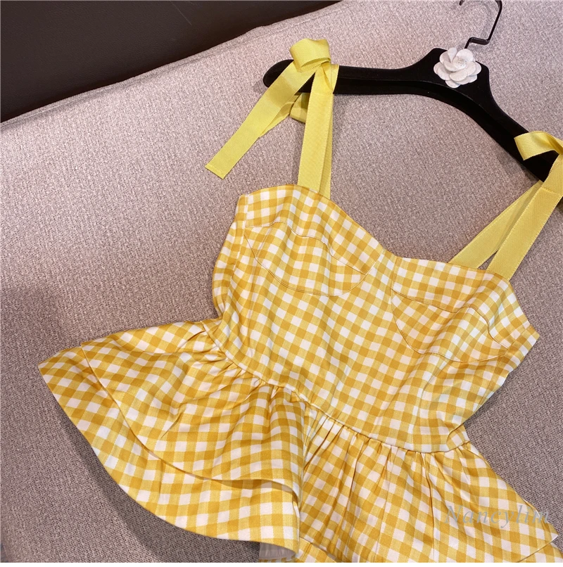 Plaid Printed Ruffled Spaghetti-Strap Camisole Top Women 2021 Summer New Korean Style Sweet Bow Shoulder Shirt Girls Ladies