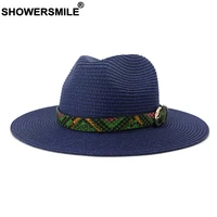 showersmile jazz wide brim flat cap panama sun hats for women men british style summer straw hat male female accessories