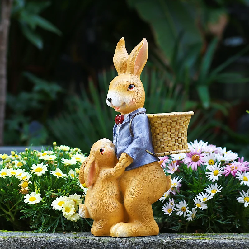 Outdoor Pastoral Simulation Resin Cute Rabbit Flower Pot Ornaments Garden Furnishing Crafts Courtyard Lawn Sculpture Decoration