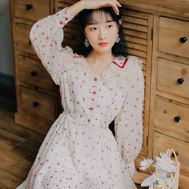 

2020 new fashion women's clothing Turn-down Collar Full Print Vintage women dress