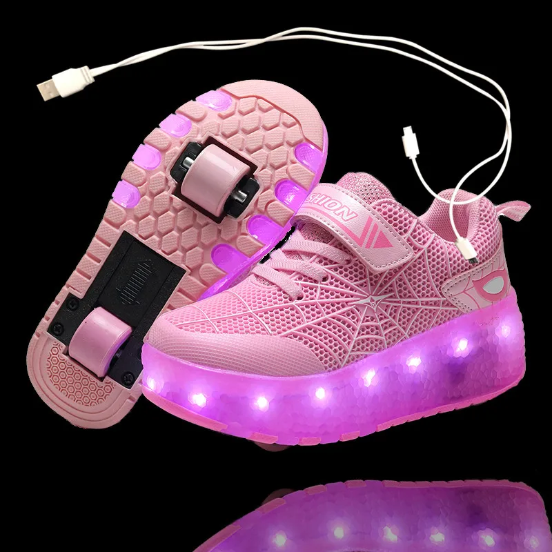 

Two Green LED usb charging roller shoes glowing light up luminous sneakers with wheels kids rollers skate shoes for boy girls